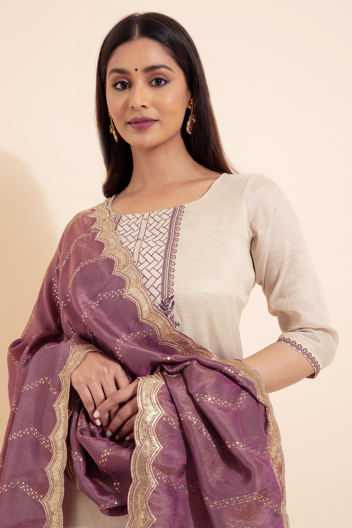 Floral Embroidered Kurtaset with TIssue Duaptta - Beige & Mauve