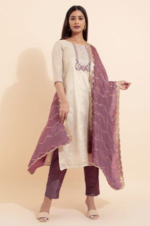 Floral Embroidered Kurtaset with TIssue Duaptta - Beige & Mauve