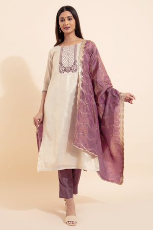 Floral Embroidered Kurtaset with TIssue Duaptta - Beige & Mauve