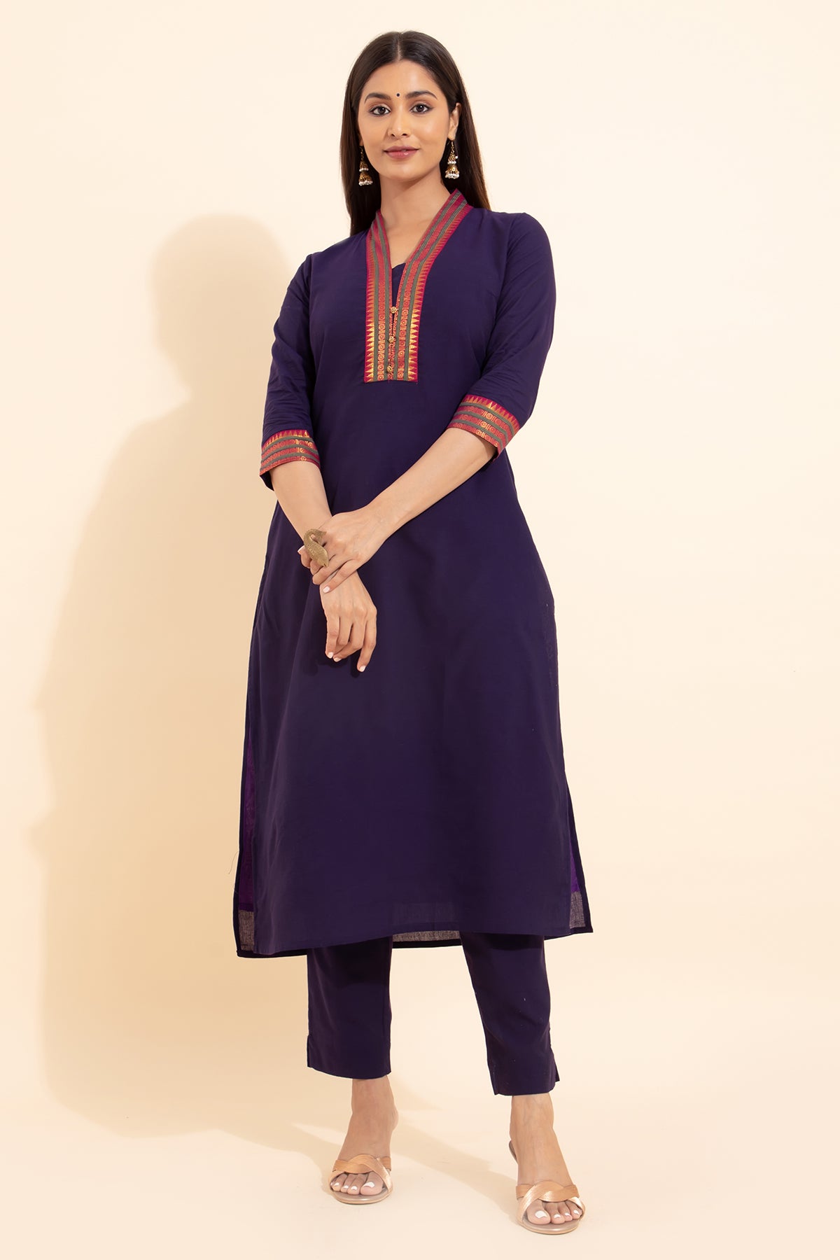 Solid KurtaSet with Mangalagiri Dupatta - Purple