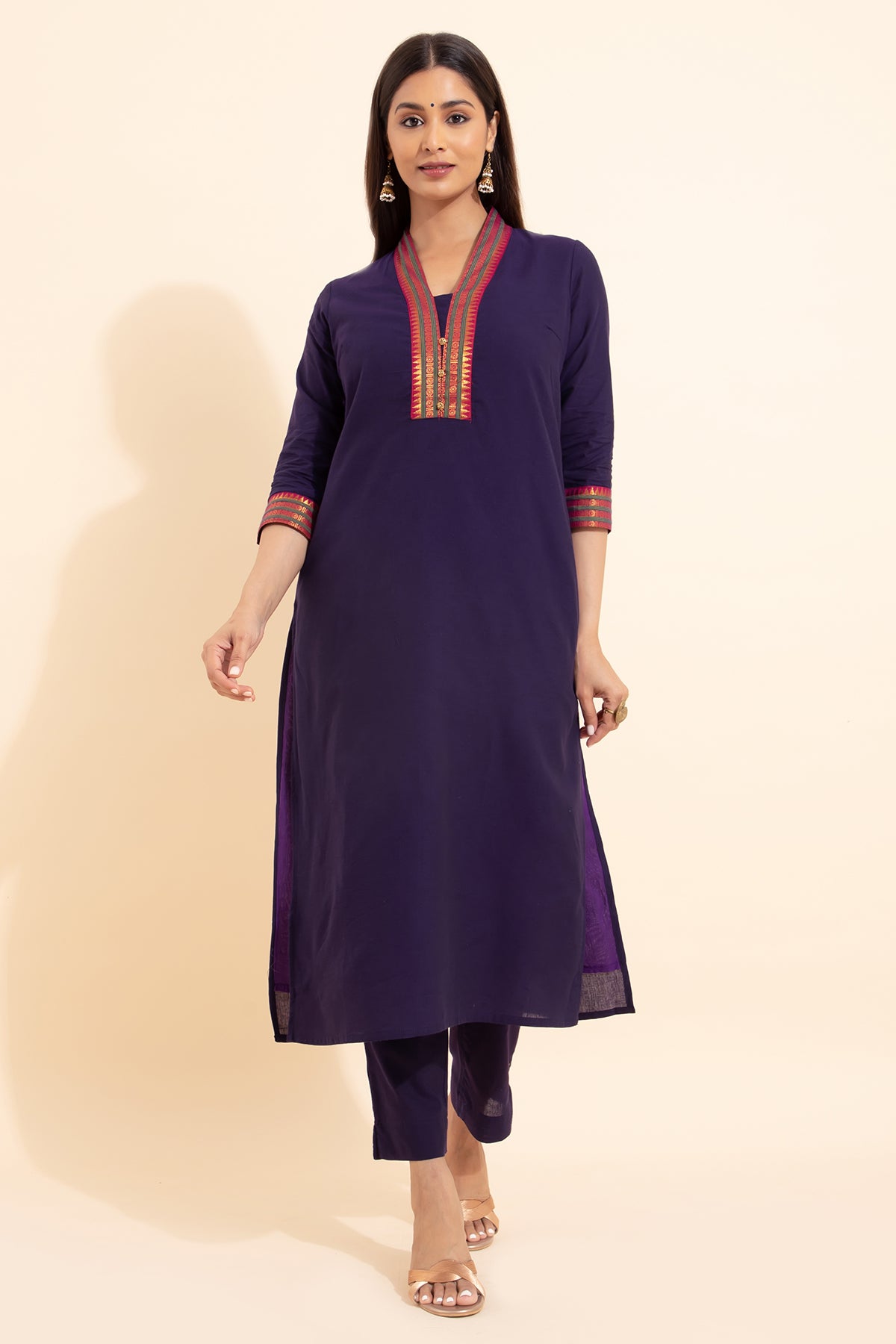 Solid KurtaSet with Mangalagiri Dupatta - Purple