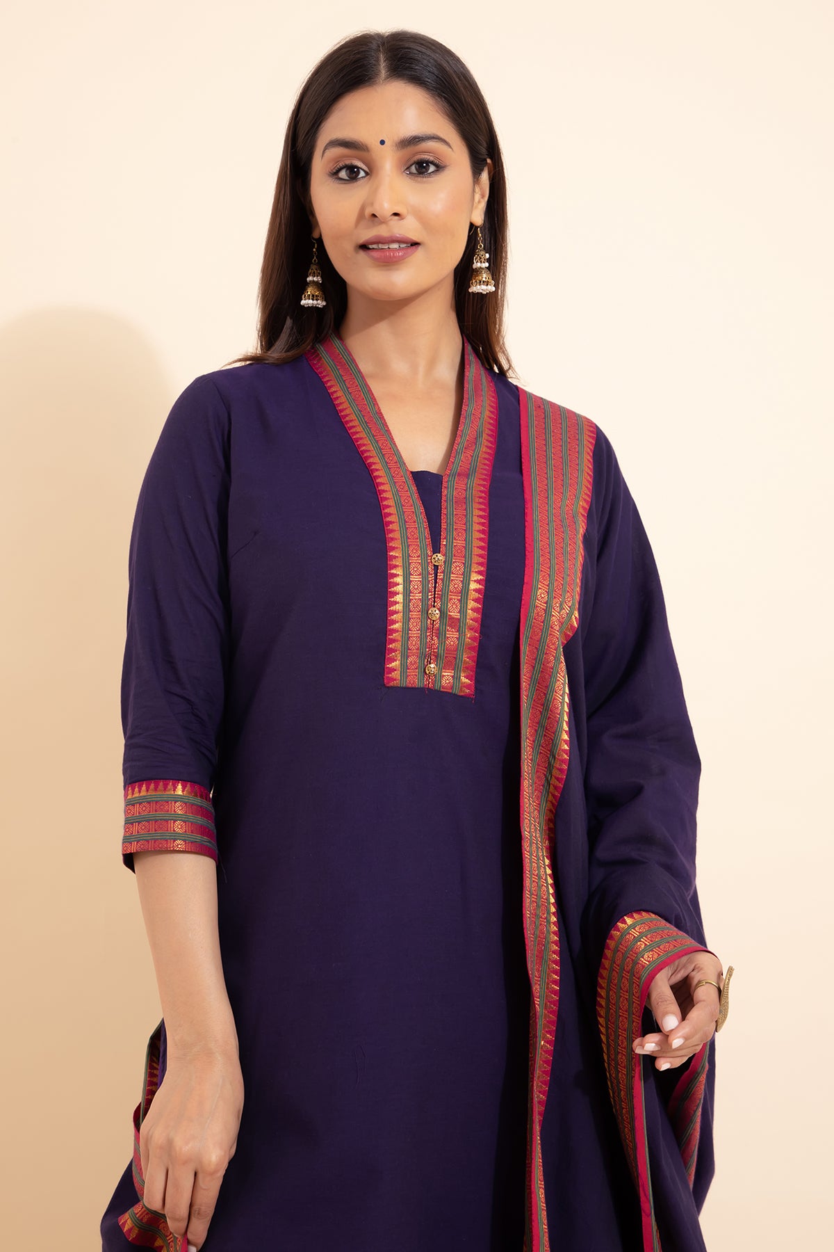 Solid KurtaSet with Mangalagiri Dupatta - Purple