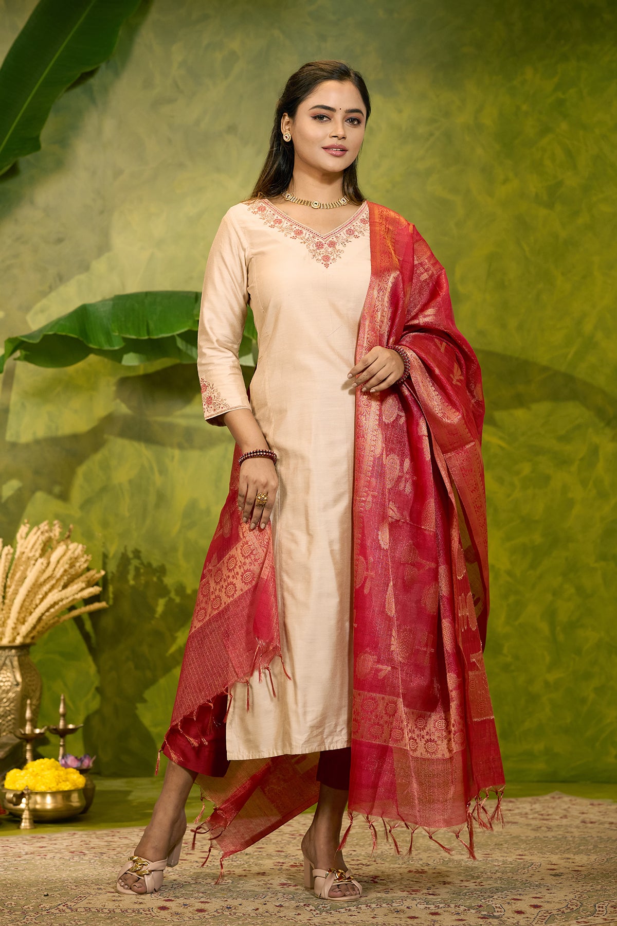 Ethnic Embroidered Kurtaset with Brocade Dupatta - Beige & Red