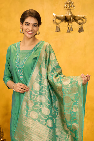 Floral Embroidered Kurtaset with Brocade Dupatta - Green