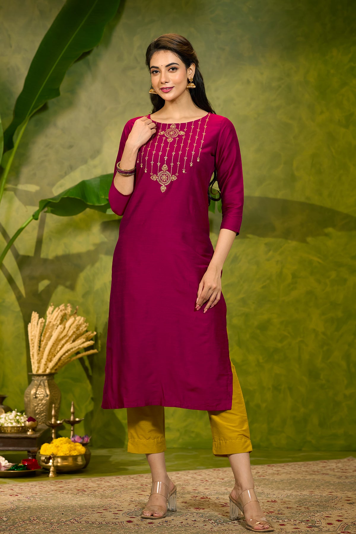 Ethnic Motif Printed Kurtaset with Brocade Dupatta - Magenta & Mustard