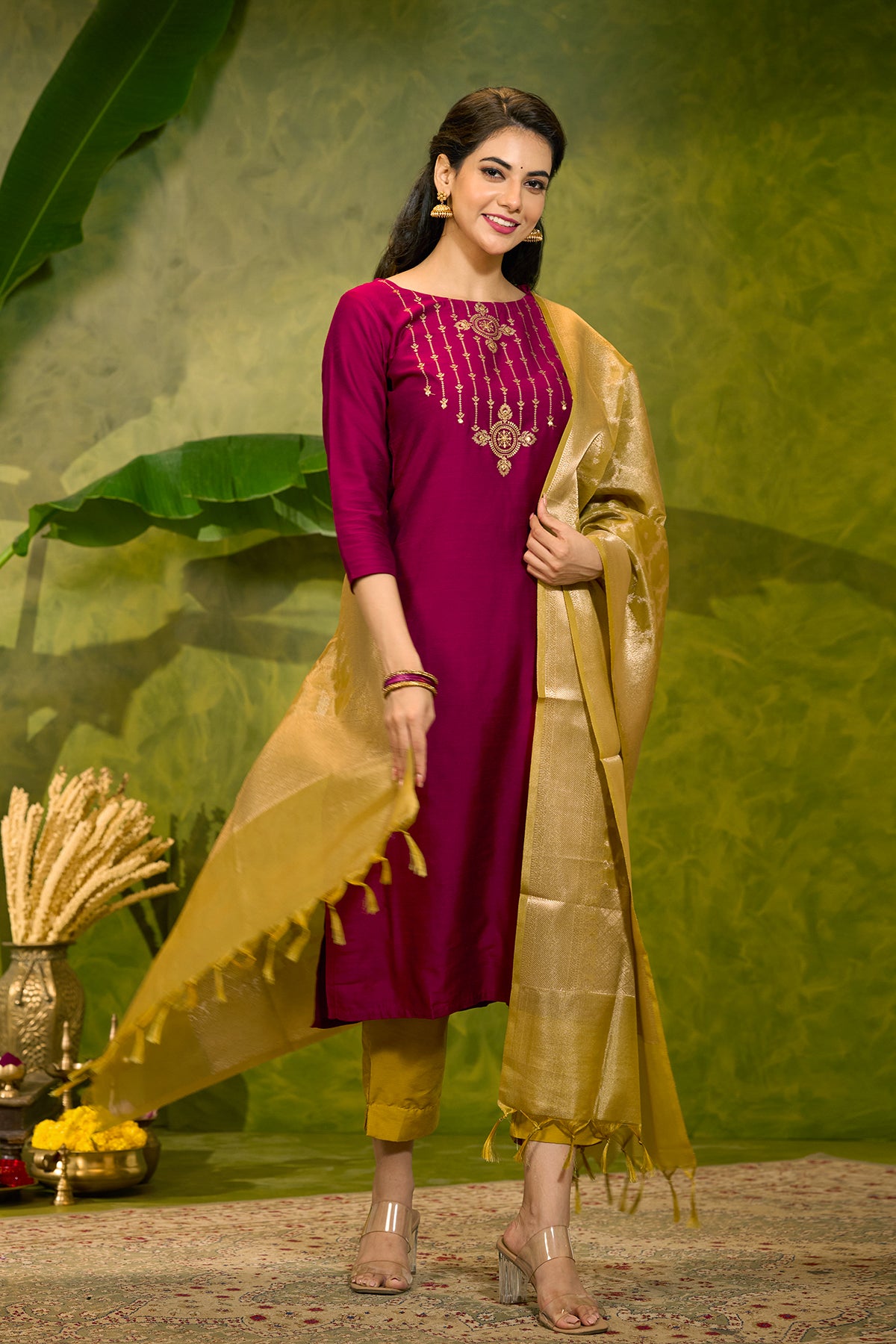 Ethnic Motif Printed Kurtaset with Brocade Dupatta - Magenta & Mustard