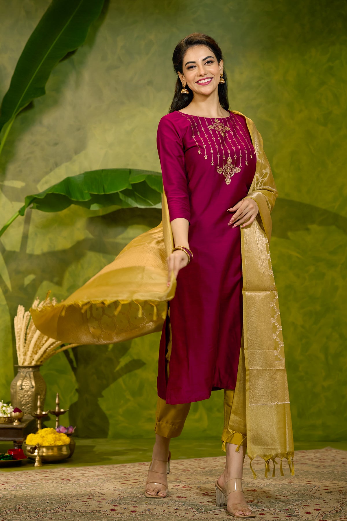 Ethnic Motif Printed Kurtaset with Brocade Dupatta - Magenta & Mustard