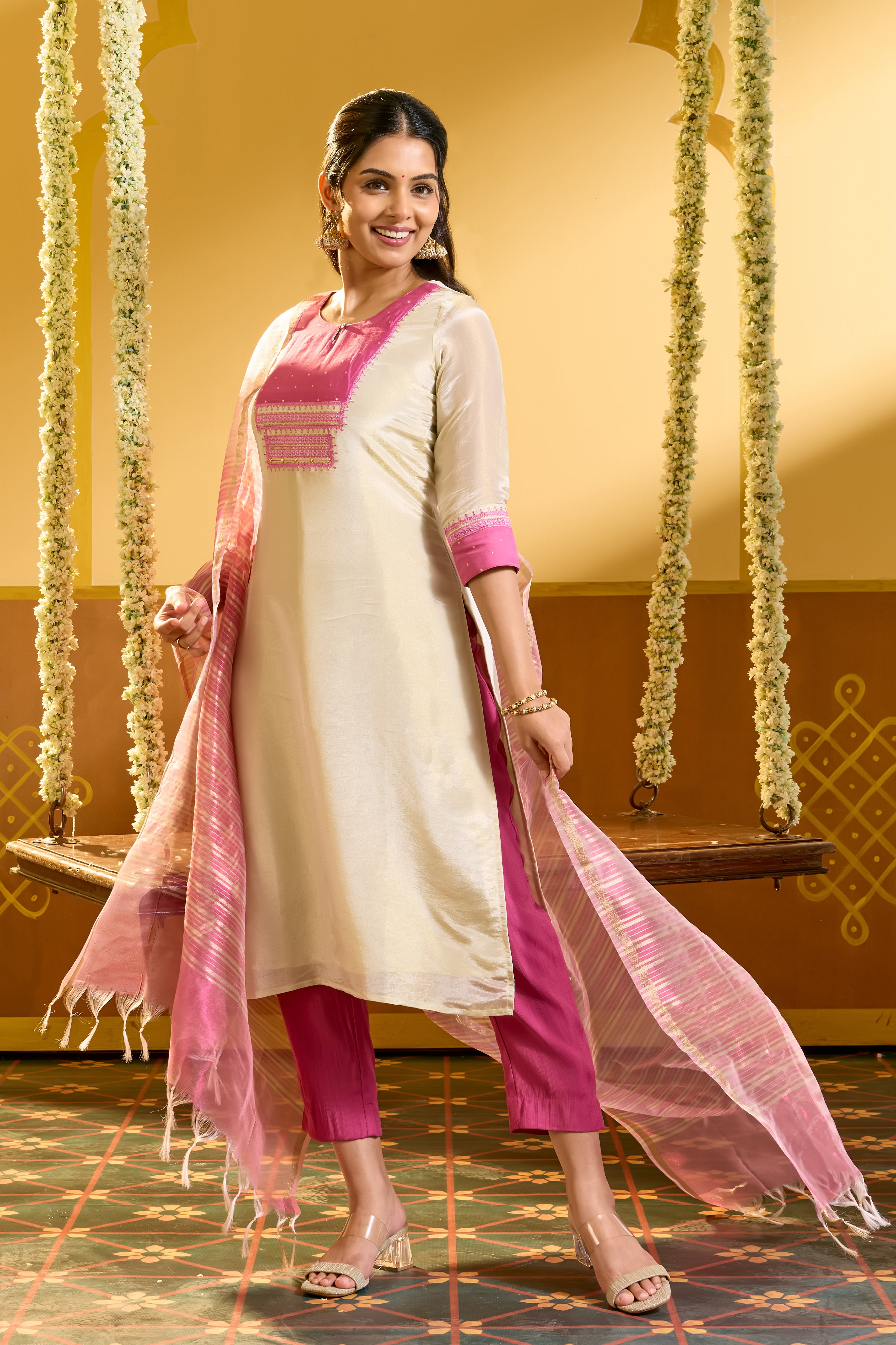 Ethnic Embroidered Pink & Off White Kurtaset with Chanderi Dupatta