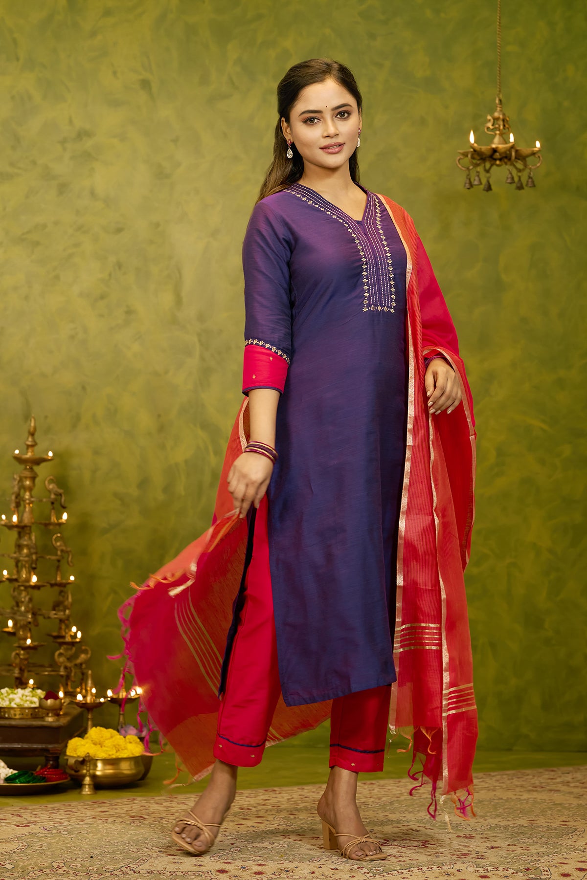 Floral Embroidered Kurtaset with Striped Dupatta - Purple & Coral