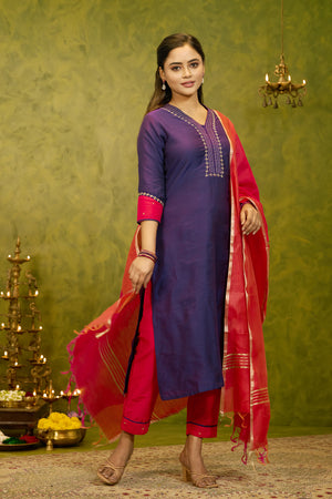 Floral Embroidered Kurtaset with Striped Dupatta - Purple & Coral