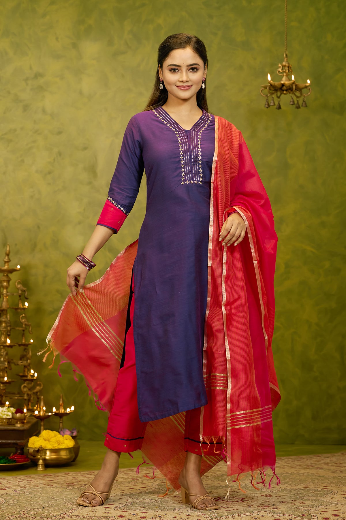 Floral Embroidered Kurtaset with Striped Dupatta - Purple & Coral