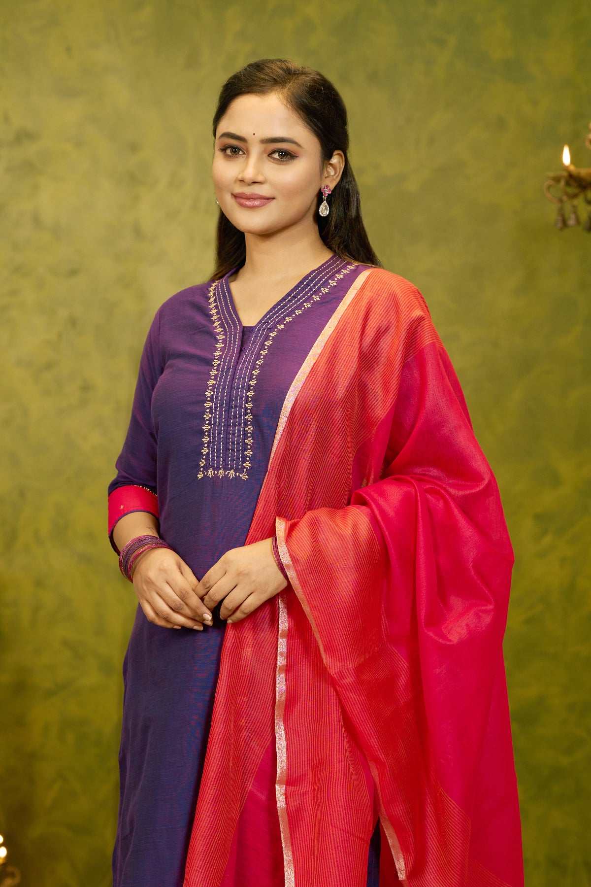 Floral Embroidered Kurtaset with Striped Dupatta - Purple & Coral