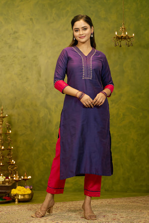 Floral Embroidered Kurtaset with Striped Dupatta - Purple & Coral