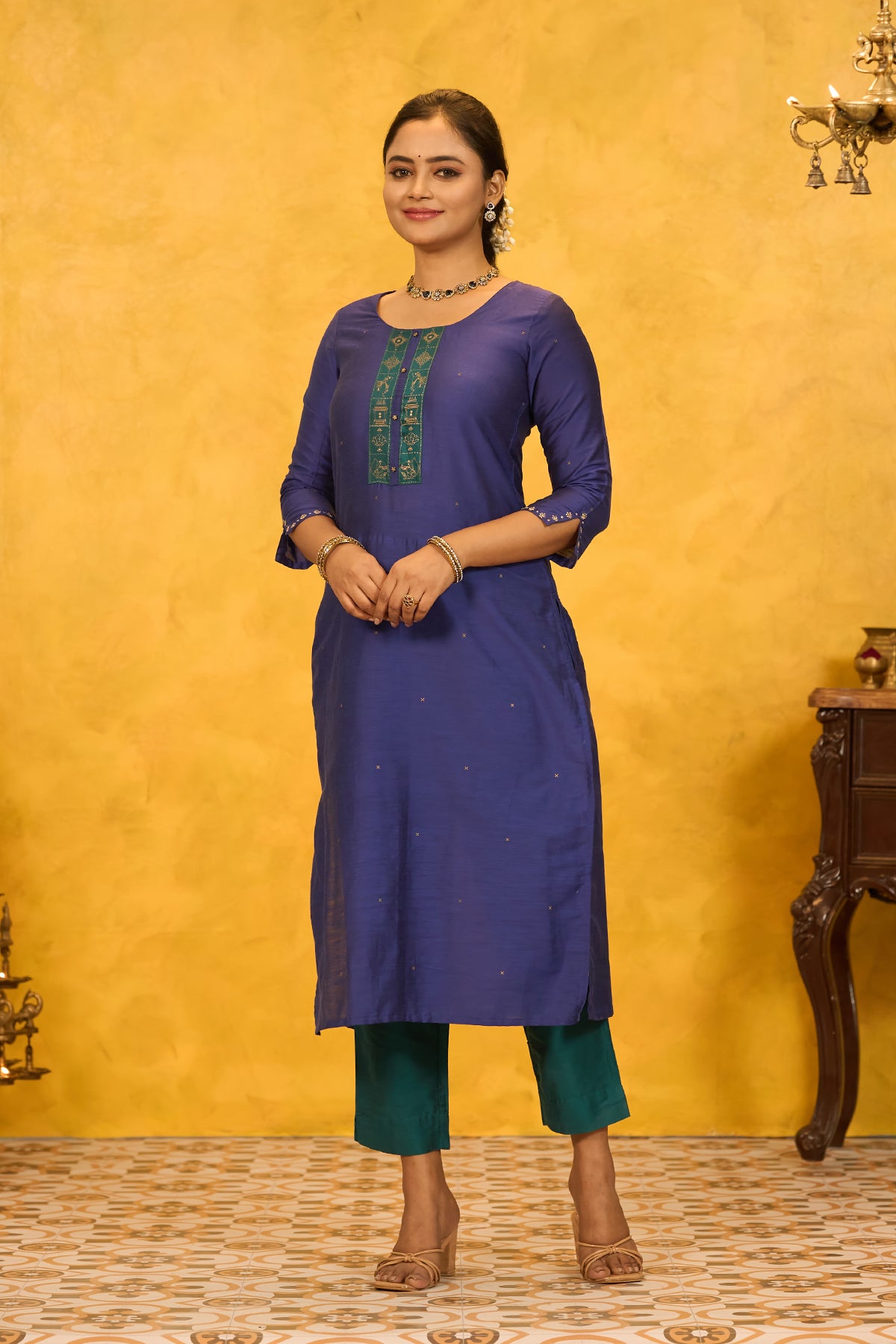 Pongal Inspired PRinted Yoke KUrtaset with Striped Dupatta - Blue & Green