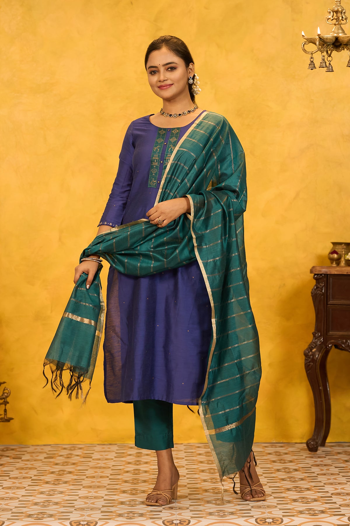 Pongal Inspired PRinted Yoke KUrtaset with Striped Dupatta - Blue & Green