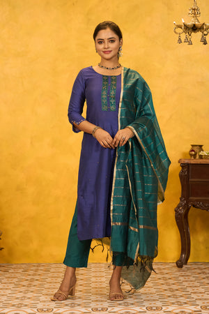 Pongal Inspired PRinted Yoke KUrtaset with Striped Dupatta - Blue & Green