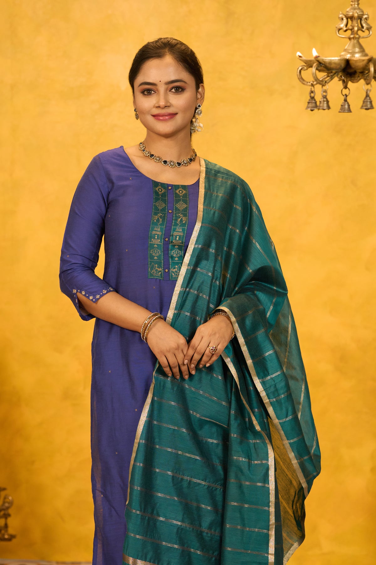 Pongal Inspired PRinted Yoke KUrtaset with Striped Dupatta - Blue & Green