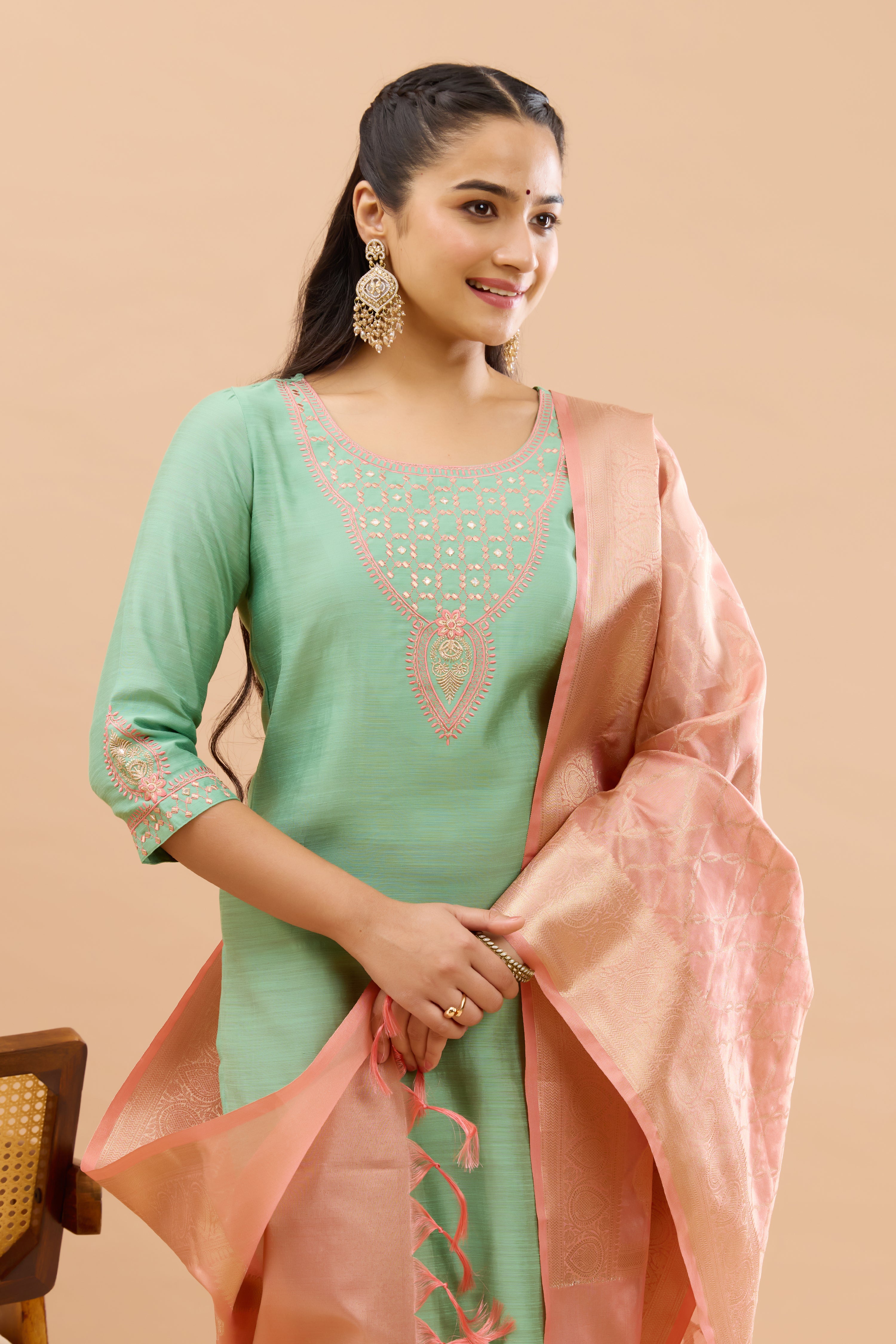Ethnic Motif Embroidered Peach & Green Kurtaset with Brocade Dupatta