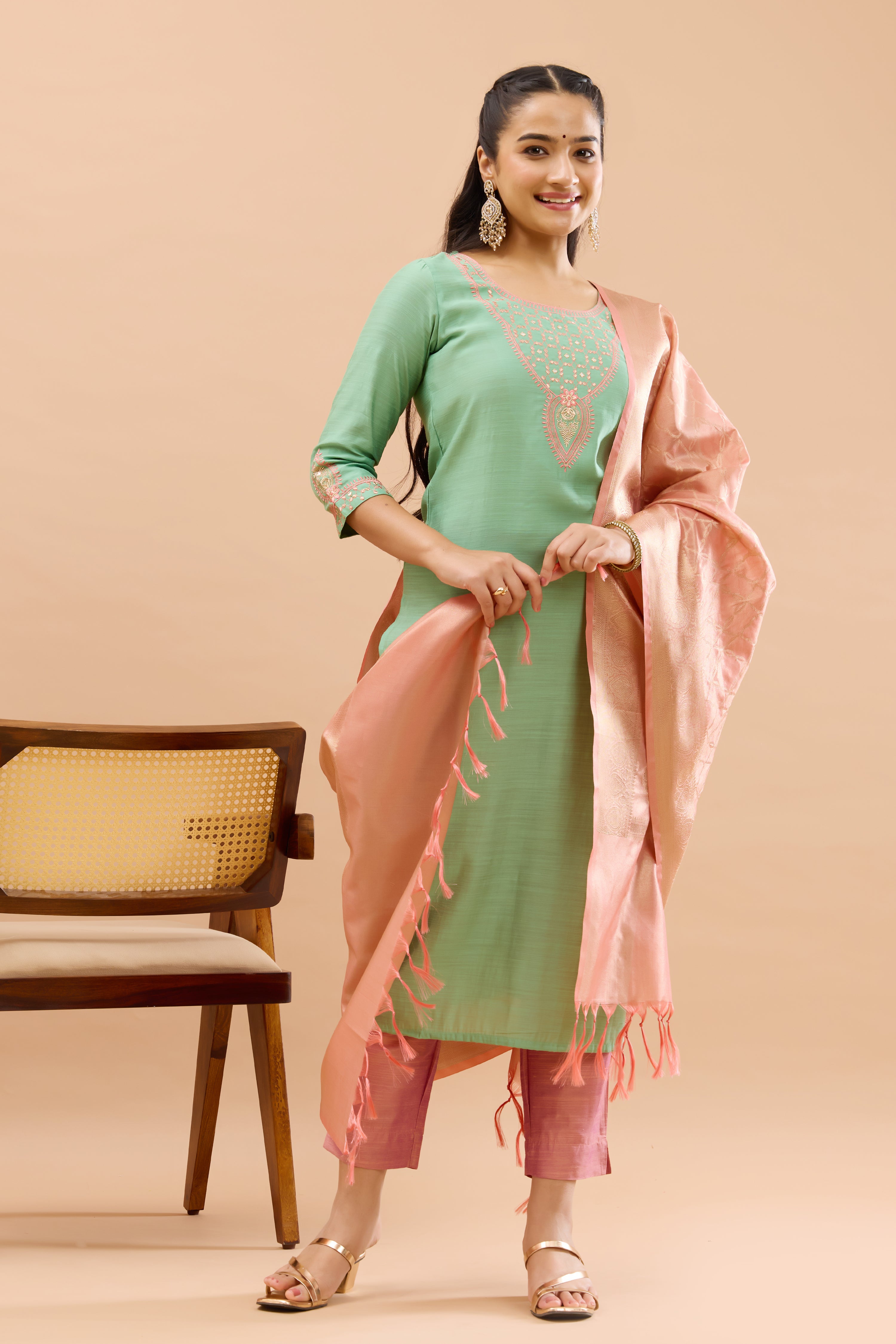 Ethnic Motif Embroidered Peach & Green Kurtaset with Brocade Dupatta