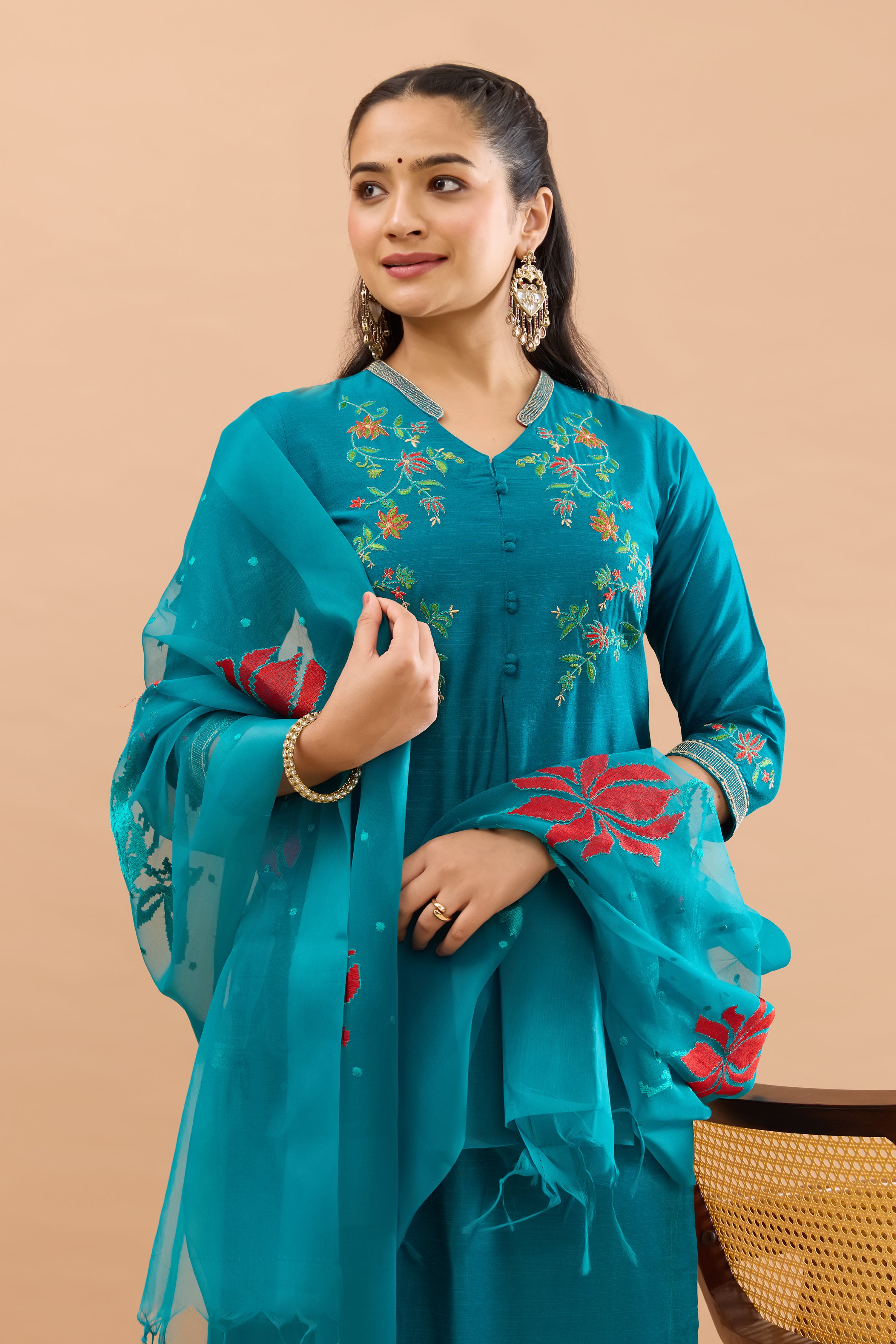 Floral Embroidered Teal & Rust Kurtaset with Organza Dupatta