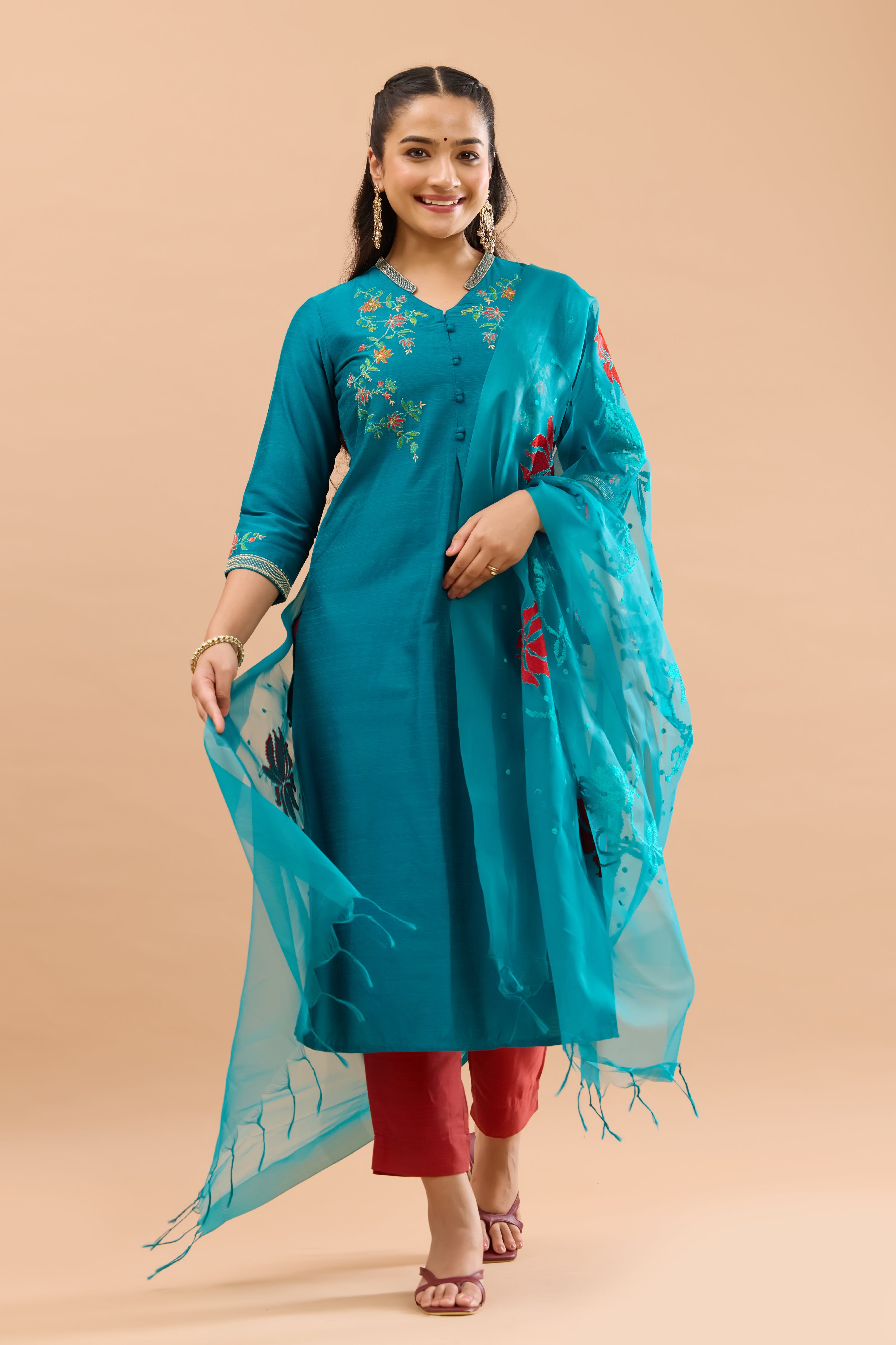 Floral Embroidered Teal & Rust Kurtaset with Organza Dupatta