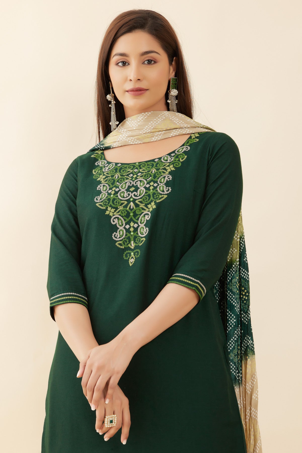 Bandhani Motif Embroidered Yoke Kurta Set With Printed Dupatta - Green & Beige