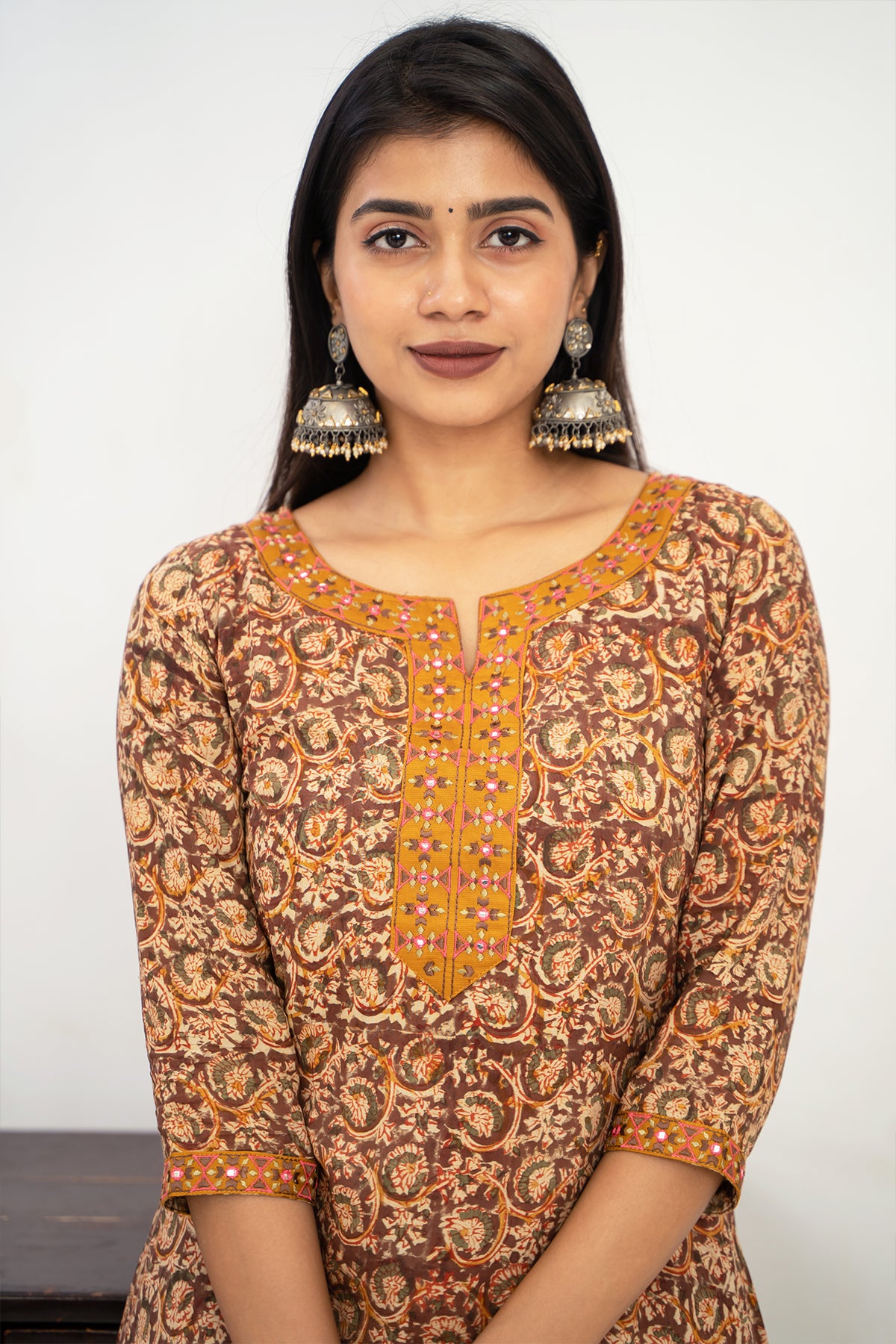 All Over Kalamkari Print Geometric Embroidered Kurta Set Mustard
