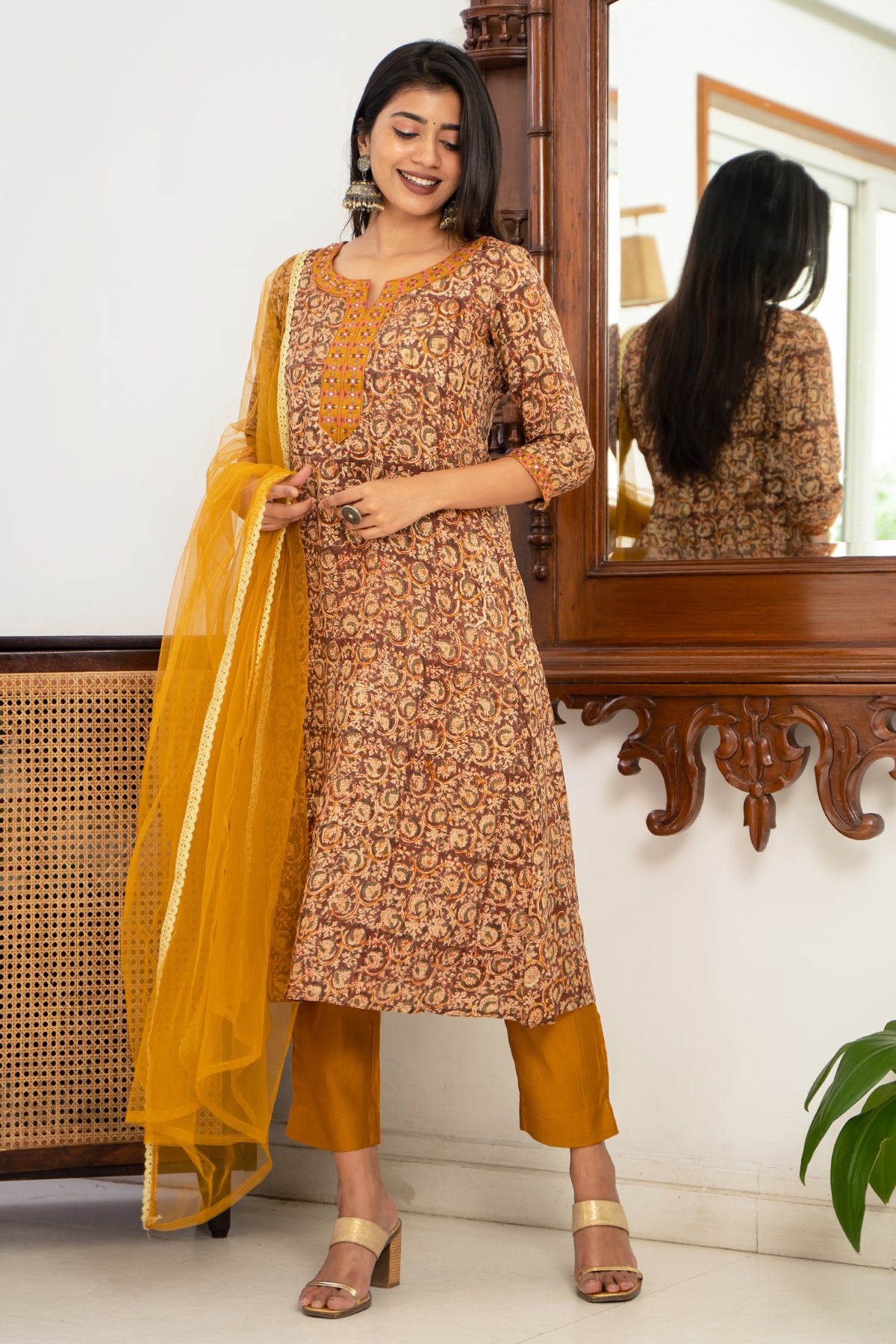 All Over Kalamkari Print Geometric Embroidered Kurta Set Mustard
