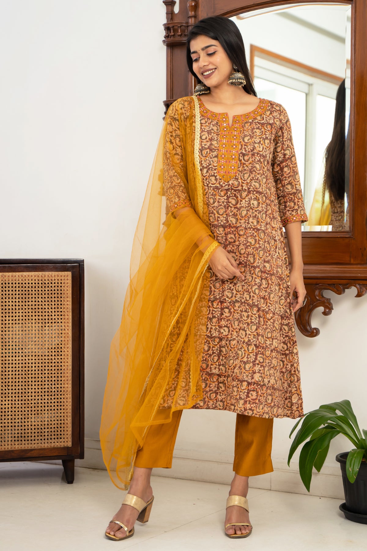 All Over Kalamkari Print Geometric Embroidered Kurta Set Mustard
