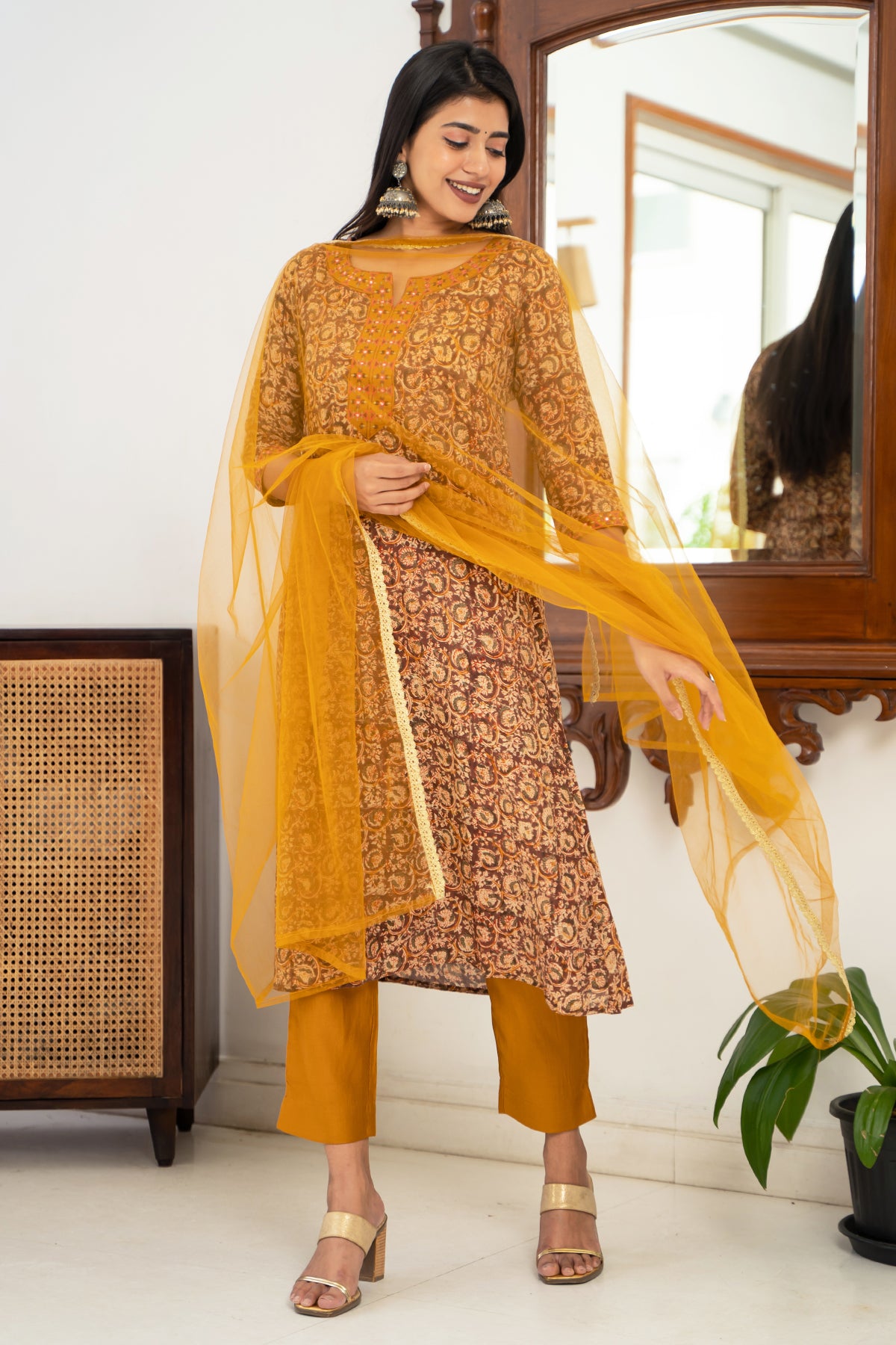 All Over Kalamkari Print Geometric Embroidered Kurta Set Mustard