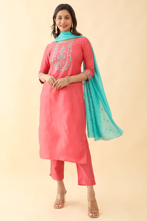 Floral Embroidered With Foil Mirror Embellished Kurta Set Pink Blue