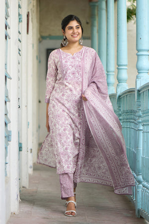 Monochrome Floral Printed Cotton Kurta set - Mauve