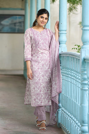 Monochrome Floral Printed Cotton Kurta set - Mauve