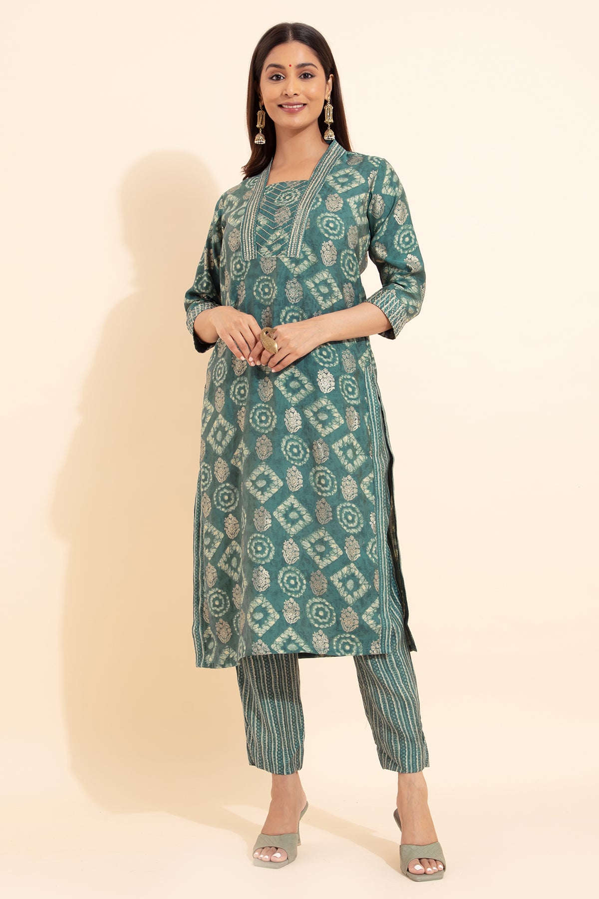 Bandhej Printed Kurtaset with Dupatta - Teal