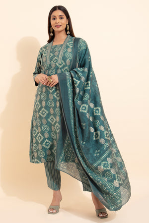 Bandhej Printed Kurtaset with Dupatta - Teal