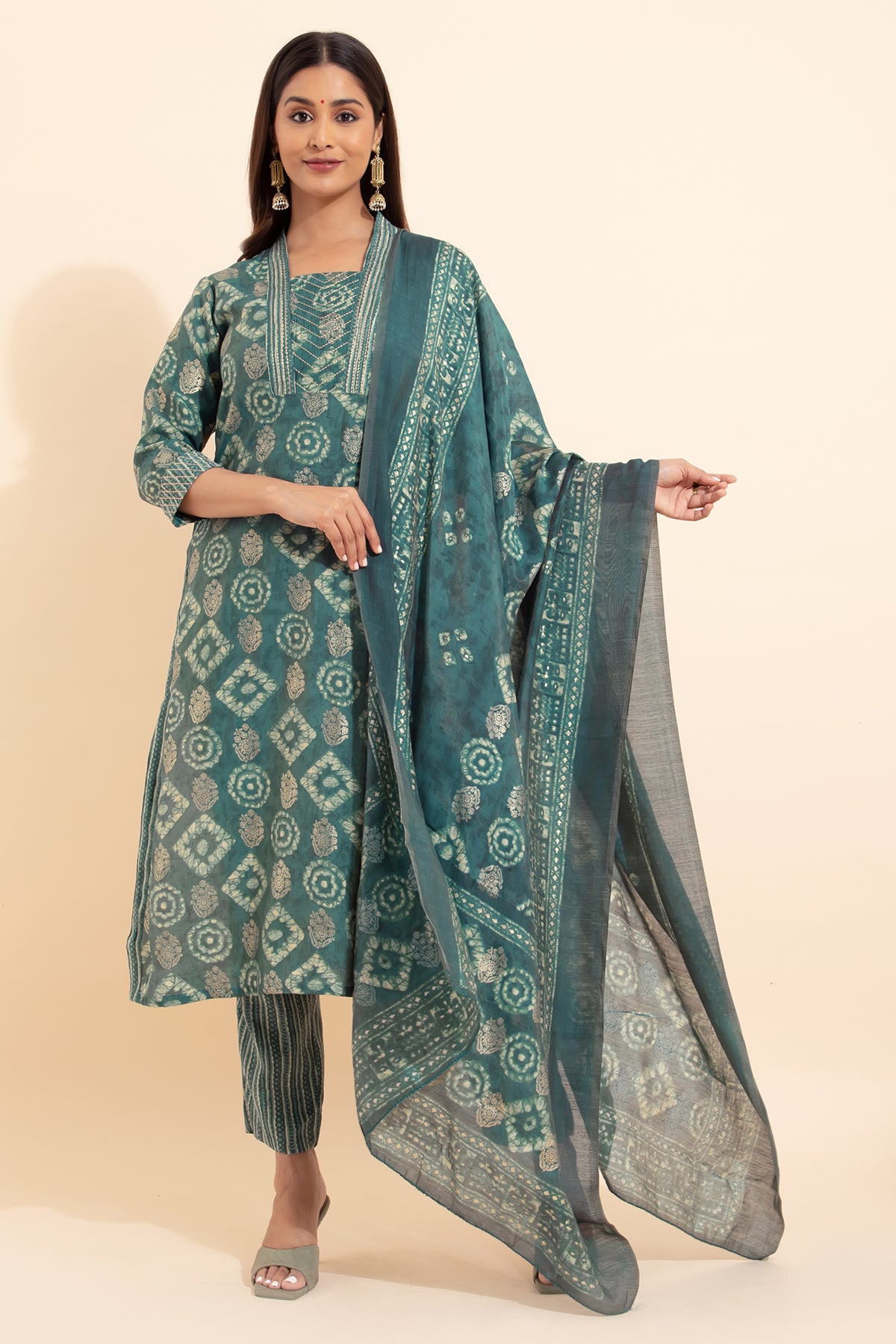 Bandhej Printed Kurtaset with Dupatta - Teal