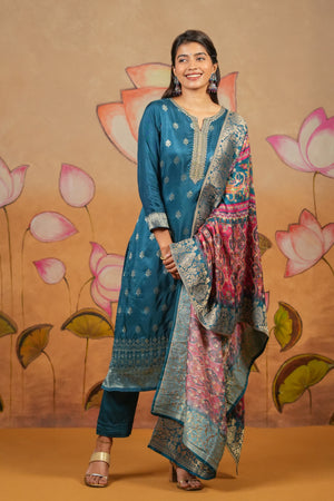 Embroidered Neckline Brocade Kurta Set With Digital Printed Brocade Dupatta Blue
