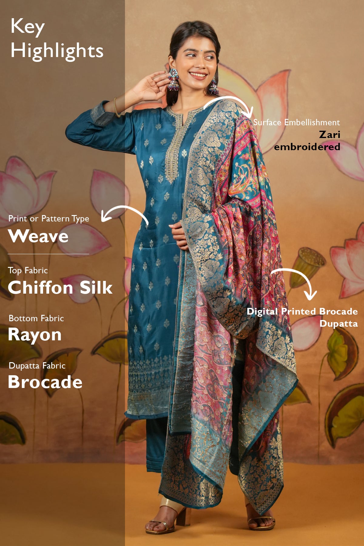 Embroidered Neckline Brocade Kurta Set With Digital Printed Brocade Dupatta Blue
