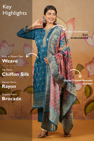 Embroidered Neckline Brocade Kurta Set With Digital Printed Brocade Dupatta Blue
