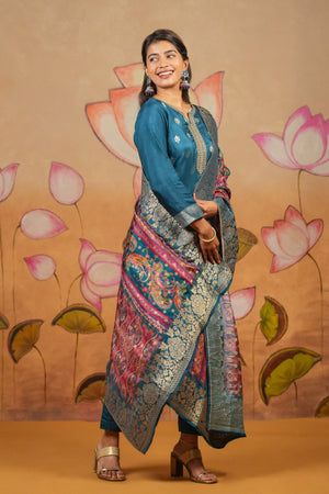 Embroidered Neckline Brocade Kurta Set With Digital Printed Brocade Dupatta Blue
