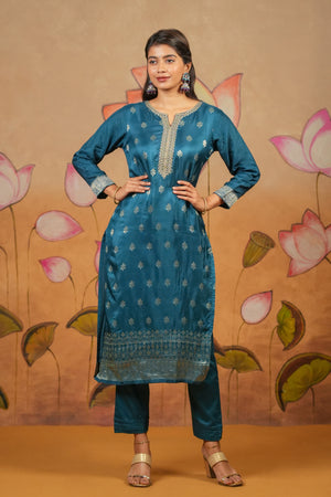 Embroidered Neckline Brocade Kurta Set With Digital Printed Brocade Dupatta Blue
