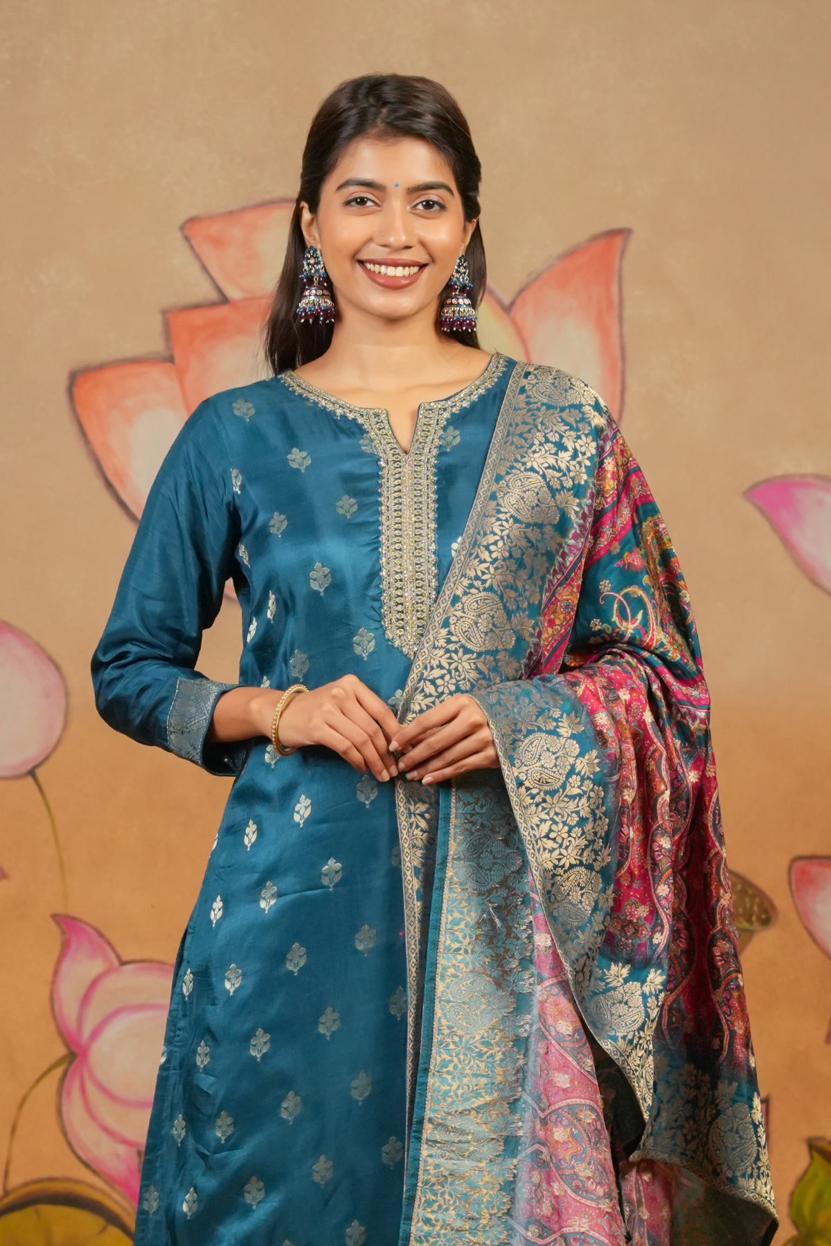 Embroidered Neckline Brocade Kurta Set With Digital Printed Brocade Dupatta Blue
