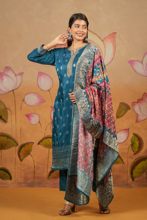 Embroidered Neckline Brocade Kurta Set With Digital Printed Brocade Dupatta Blue