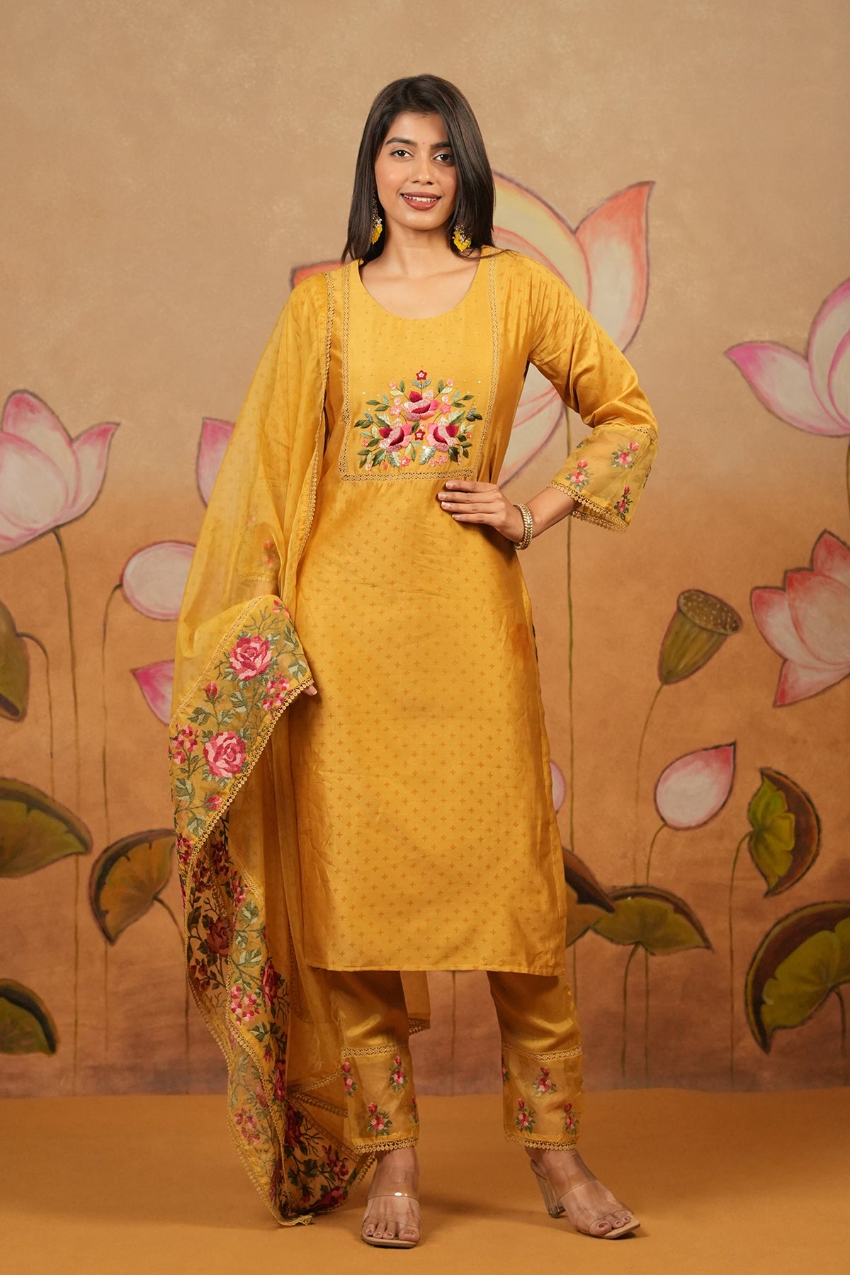 Sequin Floral Embroidered Yoke Kurta Set With Embroidered Laced Organza Dupatta Mustard
