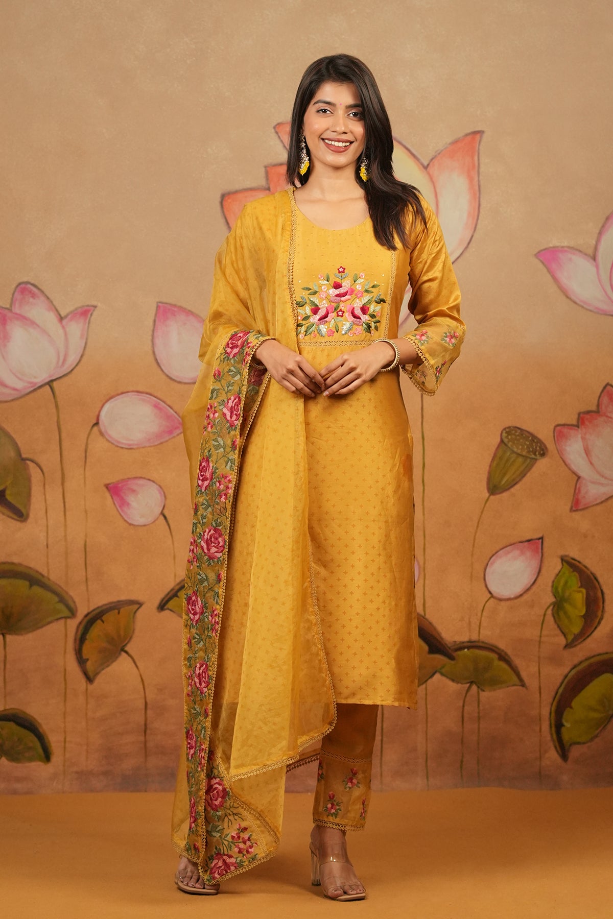 Sequin Floral Embroidered Yoke Kurta Set With Embroidered Laced Organza Dupatta Mustard
