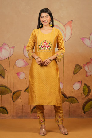 Sequin Floral Embroidered Yoke Kurta Set With Embroidered Laced Organza Dupatta Mustard
