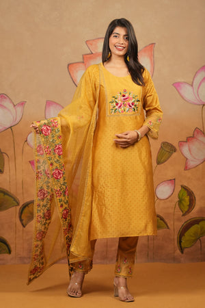 Sequin Floral Embroidered Yoke Kurta Set With Embroidered Laced Organza Dupatta Mustard