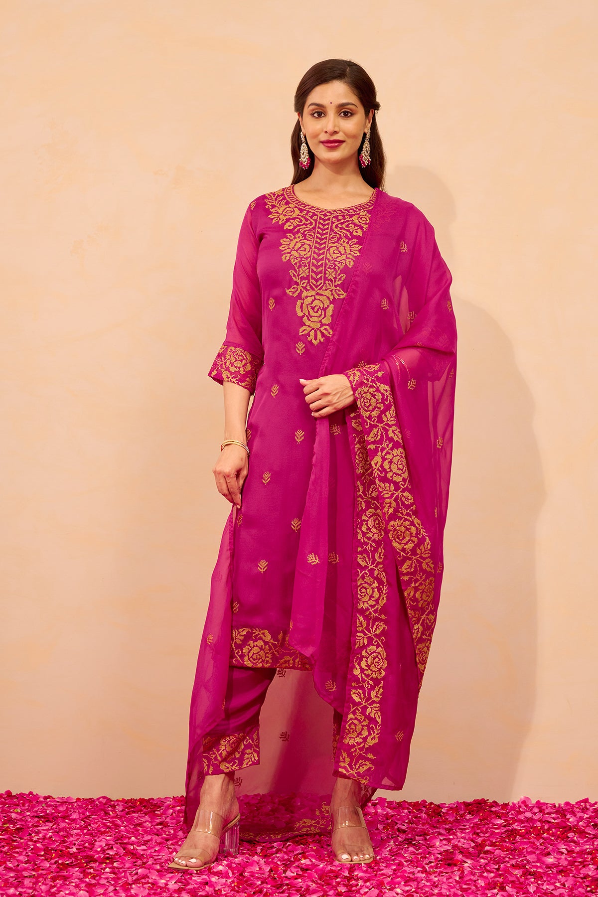 Cross Stitch Floral Embroidered Kurtaset with Dupatta - Magenta