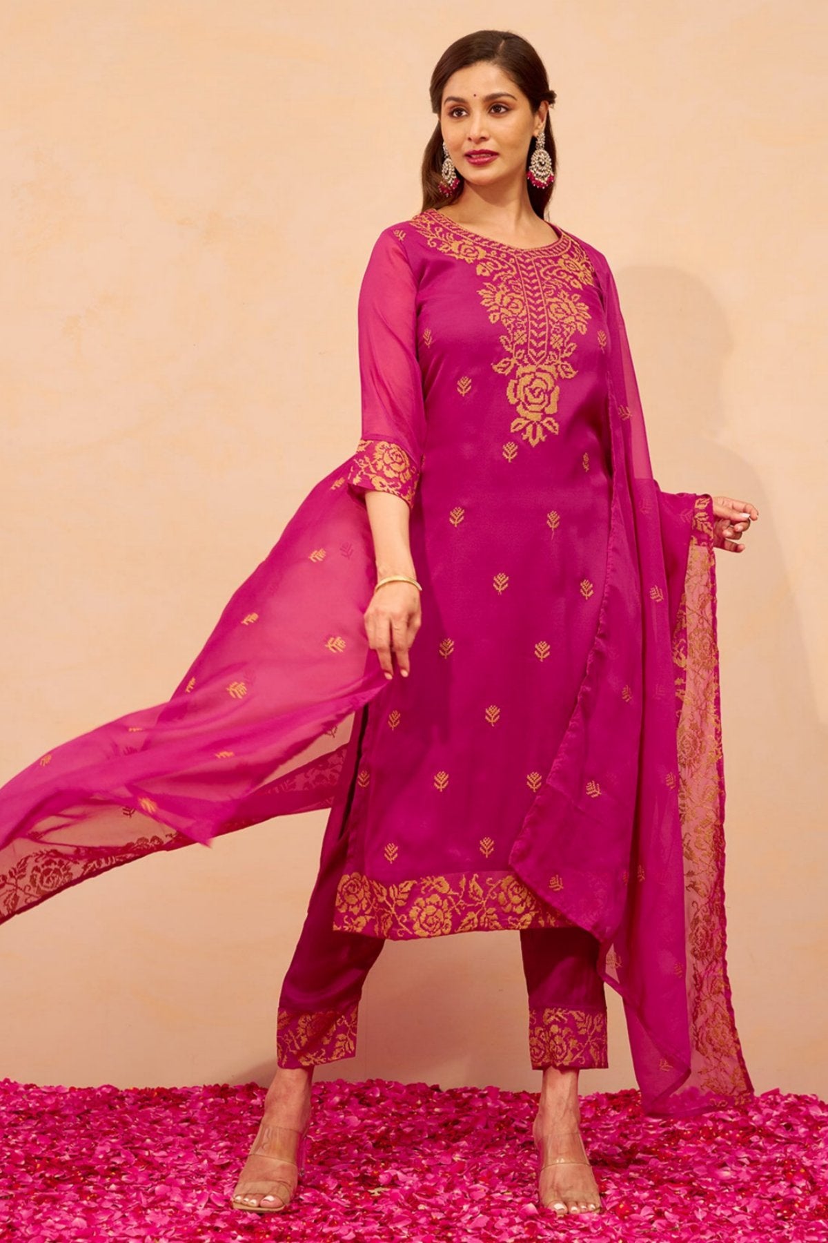 Cross Stitch Floral Embroidered Kurtaset with Dupatta - Magenta