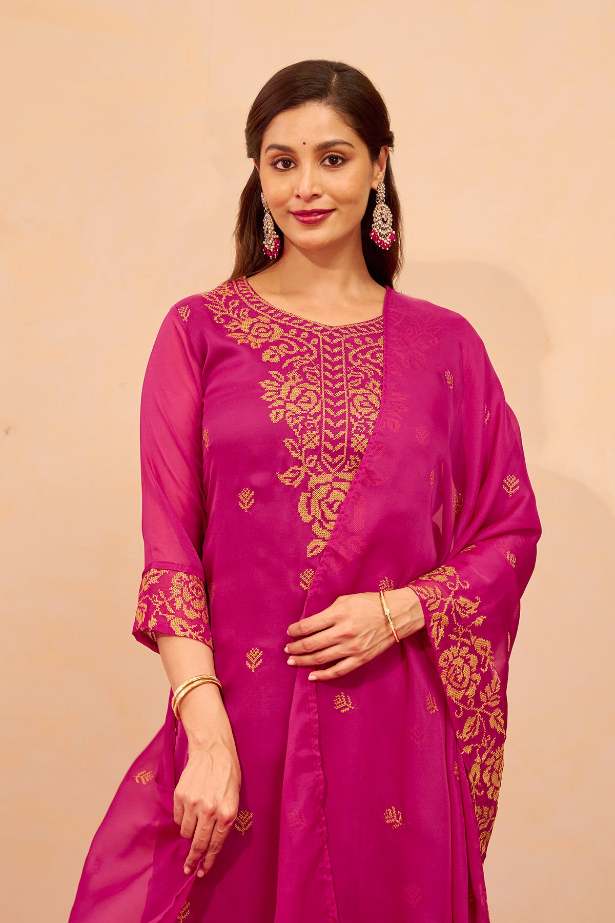 Cross Stitch Floral Embroidered Kurtaset with Dupatta - Magenta